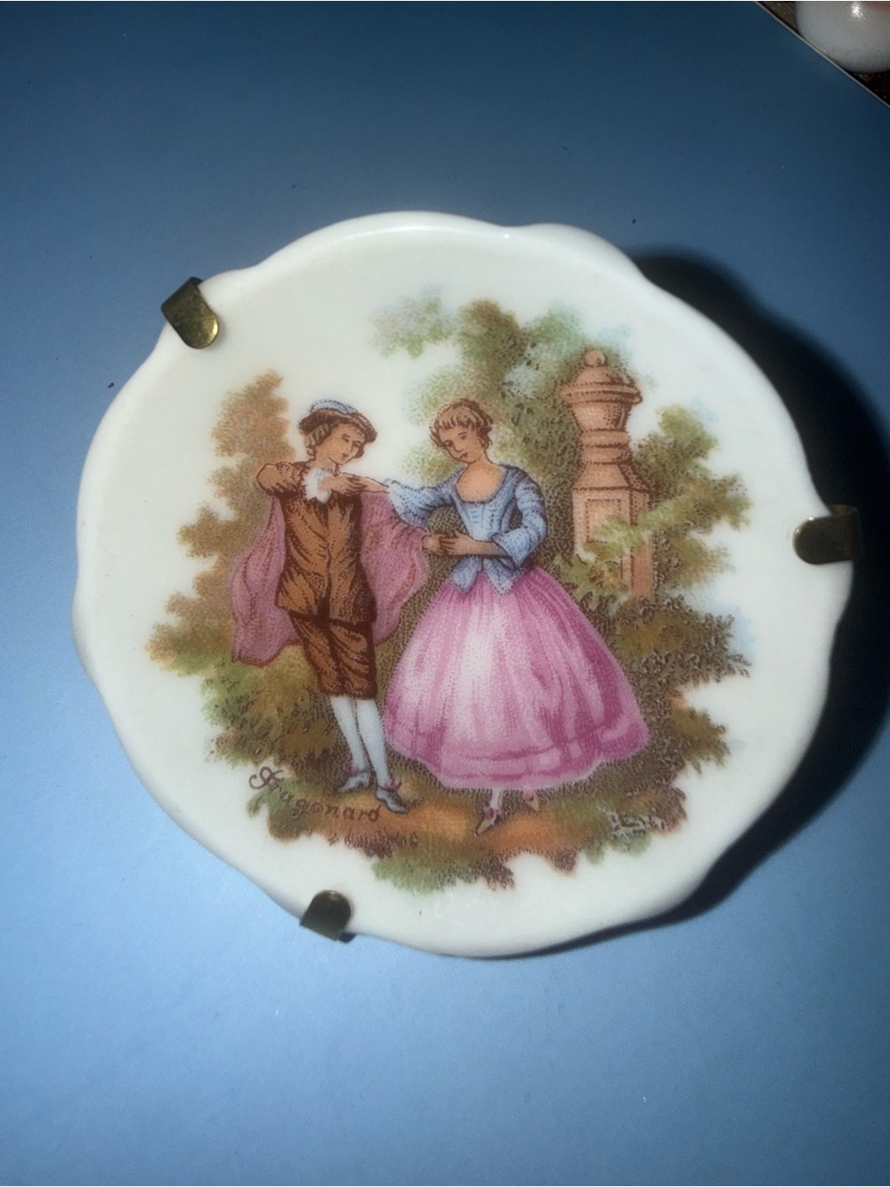 Limoges Porcelain Mini Dish with Pink & Blue Romantic Scene